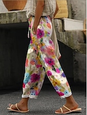  Kvinnors Linne Likt Byxor Löst Passform Avslappnad Dagslång Blommig Dragsko Sidofickor Tryck Andningsbar Bekväm Icke-elastisk Helg Orange Grön Vår  Sommar Regular Fit