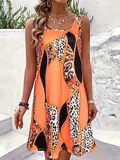 abordables Arte &amp; Diseño Vestidos-Mujer Vestido hasta la Rodilla Vestido de verano Vestido de una línea Vacaciones Casual Boho Playa Fiesta Boda Ajuste regular Graphic Leopardo Geométrico Sin Mangas Escote en U Amarillo Rojo Naranja