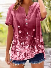 cheap Floral tee-Women's T Shirt Floral Graphic Plants Stylish Classic Short Sleeve V Neck Regular Tops Casual Daily Blue Pink Purple Green Summer Spring