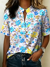economico Bluse Floreali-Per donna Blusa Bottoni Stampato Floreale Grafico Vintage Elegante Moderno Mezza Manica Colletto a Camicia Top Regolari Casuale Quotidiano Blu Giallo Rosso Viola Estate Primavera