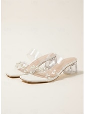 cheap Slide Sandals-Women's Clear PVC Heels with Pearl Accents and Block Heel, Perfect for Weddings and Formal Events