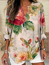abordables Blusas Florales-Mujer Camisa camisa boho Blusa Estampado Floral Graphic Vintage Diario Elegante Manga Larga Escote en Pico Tops largos Casual Diario Festivos Negro Verde Trébol Beige Verano Primavera