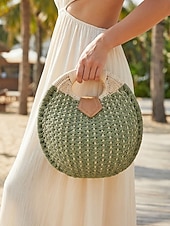 economico Borsette e borse tote-Borsa tote rotonda da donna in paglia, disponibile in diversi colori, ideale per vacanze al mare, viaggi in resort, outfit estivi casual e per un look boho di tutti i giorni.