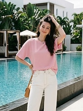 Недорогие Простая футболка-Жен. Вафельная рубашка Футболка Футболки Топы в вафельном вязании Сплошной цвет Классика Современное На каждый день С короткими рукавами Вырез под горло Обычные топы Повседневные Праздники На выход