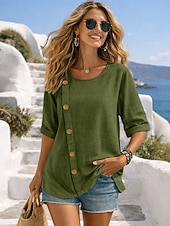 preiswerte Hemden-Damen Bluse Hemd aus Leinenimitat Knöpfe Einfarbig Stilvoll Basic Lässig Halbarm Rundhalsausschnitt Normale Oberteile Täglich Blau Schwarz Weiß Armeegrün Rote Sommer Frühling Herbst