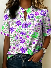 economico Bluse Floreali-Per donna Blusa Bottoni Stampato Floreale Grafico Vintage Elegante Moderno Mezza Manica Colletto a Camicia Top Regolari Casuale Quotidiano Blu Giallo Rosso Viola Estate Primavera