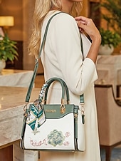 Χαμηλού Κόστους Τσάντακι &amp; Totes-Γυναικεία τσάντα χειρός με κέντημα και λουλούδι, με διακοσμητικό κασκόλ, από συνθετικό δέρμα, σε πολλά χρώματα, κομψό, casual στυλ, ιδανική για καθημερινή χρήση, γραφείο και κοινωνικές συγκεντρώσεις.