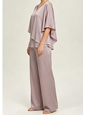 baratos Blusas femininas-Conjunto feminino de calça pantalona com decote em V e sobreposição de chiffon, ideal para casamentos e ocasiões elegantes.