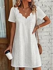  Women's Knee Length Dress White Dress Summer Dress Eyelet Dress Elegant Fashion Modern Beach Vacation Holiday Regular Fit Plain Short Sleeve V Neck Blue White Yellow Pink Summer Spring
