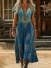 economico Abito Boho Etnico-Per donna Abito Midi Abito Boho Vestito Casual Abito a trapezio Abito Stampato Vintage All'aperto Vacanza Weekend Vestibilità regolare Floreale Grafico Manica Corta Scollo a V Blu Vino Blu scuro