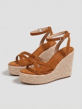abordables Sandalias de cuña-Sandalias de cuña tipo alpargata para mujer, sandalias de plataforma con tiras y hebilla en el tobillo, zapatos bohemios de verano para la playa, cruceros y vestidos.