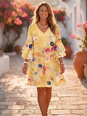 abordables Robes fleuries-Femmes Mini Robe Robe d'Été Robe trapèze Vacances Occasionnel Boho Soirée Coupe régulière Fleuri Graphique Manche 3/4 Col en V Bleu Jaune Rose Claire Violet Été Printemps