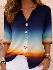 cheap Art&amp;Design Blouses-Women's Shirt Tunic Summer Tops Buttons Ombre Graphic Vacation Vintage Daily Long Sleeve V Neck Regular Tops Casual Daily Holiday Blue Yellow Green Summer Spring Fall