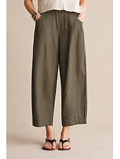 cheap Straight-Leg Pants-Women's 100% Linen Vacation Basic Ankle-Length Mid Waist Plain Breathable Inelastic Daily Flaxen gray-green White Spring Loose Fit