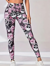 abordables Leggings y mallas de yoga-Women's Pilates Pants Yoga Pants Ruched Butt Lifting High Waist Gym Workout Running Fitness Leggings Skull Floral Botanical Pink Sports Activewear