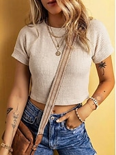 Χαμηλού Κόστους Απλή μπλούζα-Γυναικεία Βάφλα μπλουζάκι Μπλουζάκι μπλουζάκι Συμπαγές Χρώμα Κομψό Τροπικό Στυλάτο Κοντομάνικο Στρογγυλή Ψηλή Λαιμόκοψη Crop Tops Causal Ρούχα διακοπών Μαύρο Πράσινο του τριφυλλιού Σομόν Καφέ