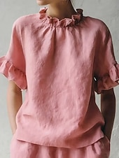 economico Bluse Semplici-Per donna Blusa Volant Elegante Essenziale Casual Manica Corta Dolcevita Top Regolari Quotidiano Blu Nero Bianco Rosa Verde Estate Primavera Autunno
