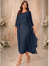 cheap Mom's Dress Sets-Two Piece A-Line Tea Length Wedding Guest Dress Mother of the Bride Dress 3/4 Length Sleeve Jewel Neck Elegant Vintage Wedding Party Chiffon with Beading
