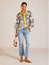 abordables Chemises et blouses-Chemise vintage en satin soyeux à manches dolman et bijoux léopard
