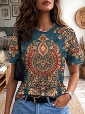 ieftine tricou boho-Pentru femei Tricou Imprimeu Grafic Abstract Epocă Stilat Clasic Manșon scurt Stil Nautic În V Topuri obișnuite Casual Zilnic Sfârșit de săptămână Albastru piscină Negru Galben Mov Maro Vară Primăvară