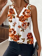 billige Grafisk tank-Women's Tank Top Floral Graphic Plants Elegant Vintage Stylish Sleeveless V Neck Regular Tops Beach Wedding Casual Daily White Light Pink Light Purple Orange Summer Spring