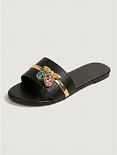 cheap Slide Sandals-Women's Embellished Slide Sandals – Flat Slip-On Beach Sandals with Gemstone &amp; Gold Detail, Boho Chic Resort Style for Summer Island Vacation &amp; Seaside Wear