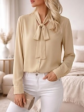 abordables Blusas Sencillas-Mujer Tops de verano Elegante Básico Manga Larga Corbata en el cuello Escote en Pico Tops regulares Casual Oficina Verde Hierba Negro Blanco Rosa Morado Verano Primavera Otoño