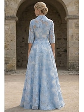 baratos Vestidos de Festa em A-Linha A Longo Vestido Para Mãe dos Noivos Manga Longa Colarinho de Camisa Elegante Vintage Formal Festa de Família Kentucky Derby Cetim Organza com Laço(s) Flor