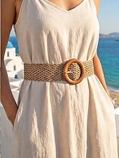 preiswerte Damengürtel-Boho-Taillengürtel für Damen, mehrfarbiger, elastischer Flechtgürtel mit runder Vintage-Holzschnalle – ideal für Strandurlaub, Sommerresort und lässigen Alltag.