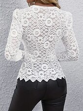お買い得  レーストップ-女性用 ブラウス レース パッチワーク ボタン 純色 スタイリッシュ ベーシック カジュアル 長袖 Ｖネック レギュラートップス 日常 ブラック ホワイト 春 秋