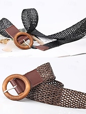 preiswerte Damengürtel-Boho-Taillengürtel für Damen, mehrfarbiger, elastischer Flechtgürtel mit runder Vintage-Holzschnalle – ideal für Strandurlaub, Sommerresort und lässigen Alltag.