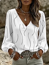 abordables Blusas a rayas y geométricas-Mujer Camisa Estampado Graphic Geométrico Bohemia Vacaciones Vintage Manga Larga Manga de la linterna Escote en Pico Tops regulares Casual Diario Festivos Azul Piscina Blanco Amarillo Rosa Verde