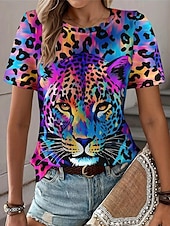 abordables T-shirt Animaux-Femmes T-shirt Imprimé Graphique Léopard ancien Élégant Occasionnel Manche Courte Col ras du cou Col rond Hauts Réguliers Occasionnel Quotidien Noir Arc-en-ciel Été Printemps