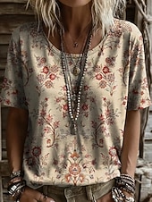 cheap Boho tee-Women's T Shirt Print Floral Graphic Plants Vintage Stylish Casual Short Sleeve V Neck Regular Tops Casual Daily Weekend Blue White-Blue Light Beige Beige Summer Spring