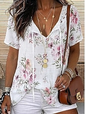 economico Top in Pizzo-Per donna Blusa Top in chiffon Top in pizzo Pizzo Floreale Elegante Moderno Manica Corta Scollo a V Top lunghi Casuale Ferie Estate Blu Bianco Rosa Arancione Verde Estate Primavera