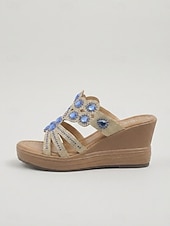 economico Donne-Sandali con zeppa da donna con strass – ciabatte con plateau decorate con motivi floreali scintillanti, comode scarpe estive per vacanze all'aperto, passeggiate in spiaggia e abbigliamento da resort.