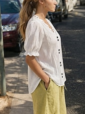  Per donna Maglietta Pizzo Patchwork Semplice Elegante Moda Classico Manica Corta Scollo a V Top lunghi Casuale Quotidiano Uscire Bianco Estate Primavera