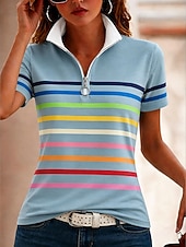 economico T-shirt a righe e geometrico-Per donna Maglietta Cerniera Zip a un quarto A strisce Grafico Blocco di colori A righe Vintage Tropicale Hawaiano Manica Corta Collo Alto Top Regolari Matrimonio in Spiaggia Casuale Quotidiano Blu