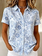 preiswerte Streifen- und geometrische Blusen-Damen Hemd Grafik Geometrisch Gestreift Vintage Tropisch Stilvoll Kurzarm Hemdkragen Normale Oberteile Lässig Täglich Blau Grün Sommer Frühling