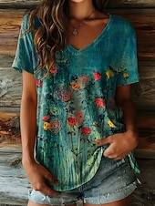 economico T-shirt floreale-Per donna Maglietta Stampato Floreale Grafico Piante Vintage Moda Hawaiano Manica Corta Scollo a V Top Regolari Quotidiano Uscire Weekend Blu Viola chiaro Marrone Verde Estate Primavera