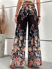 tanie szerokie nogawki i wysoki stan-Damskie Spodnie szerokie nogawki Typu Chino Urlop Codzienny Boho Pełna długość Wysoka talia Kwiaty Graficzny Elastyczny pas Nadruk Wygodne Miękka Wygodny Elastyczny Na zewnątrz Urlop Ulica Niebieski