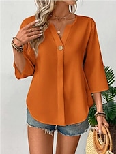 abordables Camisas-Mujer Camisa Blusa Remera de algodón Botones Plano Elegante Clásico Moderno Manga 3/4 Escote en Pico Tops regulares Diario Festivos Noche Negro Blanco Naranja Verano Primavera