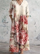 abordables Vestidos Florales Impresos-Mujer Vestido maxi Vestido informal Vestido Estampado Elegante Moda Moderno Exterior Vacaciones Fin de semana Holgado Floral Manga Larga Escote en Pico Rosa Verano Primavera