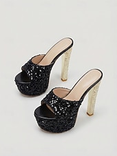 voordelige Platform Sandalen-Damessandalen met blauwe glitterplateauhak en open neus, perfect voor een feestje of avondje uit in de club. &amp;glamoureuze avondlooks