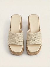 abordables Sandalias de cuña-Women's Cream Woven Wedge Slides - Braided Platform Sandals &amp; Cork-Texture Sole for Outdoor Vacations, Summer Travel &amp; Beach Resort Wear