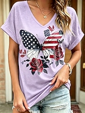  American Independence Day Women's T Shirt Print Graphic American Flag Vintage Stylish Casual Short Sleeve V Neck Regular Tops Casual Daily Weekend Blue Black White Purple Summer Spring