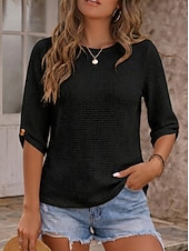 billige Plain t-skjorte-Dame Vaffel T-skjorte T-skjorte Helfarge Elegant Årgang Stilfull Halvlange ermer Crew-hals Vanlige topper Avslappet Ut på byen Svart Aprikos Sommer Vår