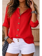 abordables Camisas de Lujo-Blusa de mujer 100% algodón con botones, color liso, para uso diario informal, manga 3/4, cuello en V, tops regulares, para uso diario, negro, blanco, rojo, naranja, verde, verano, primavera, otoño