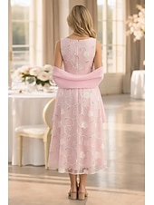 billiga Mammas klänningsset-Two Piece A-Line Dress Sets Ankle Length Wedding Guest Dress Mother of the Bride Dress Sleeveless Boat Neck Elegant Simple Embellished Formal Kentucky Derby Semi Formal Lace Jacquard Wrap Included