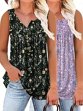 cheap Plain Tank-Multi Packs 2pcs Women's V Neck Sleeveless Yellow+Blue Tank Sleeveless Shirt Tee Top Floral Casual Daily Polyester Summer